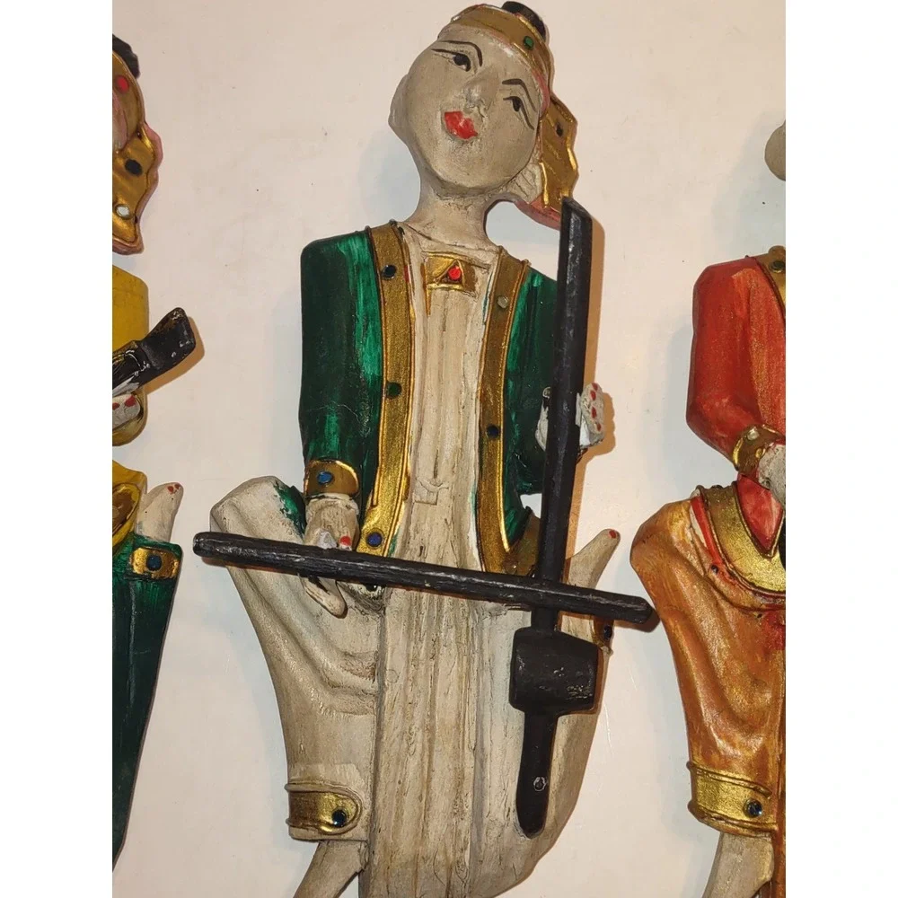 Vintage Hard Covered Wooden Musicians Wall Hanger Figurine Set of 4 Thailand 10